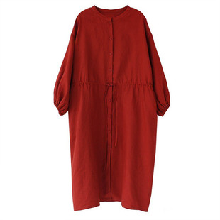 鱼岛主人2022春夏新款棉麻女装连衣裙中长款系带收腰大码开衫裙子