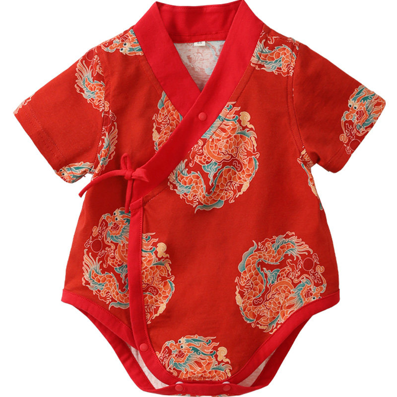 婴儿满月宝宝衣服男女红色纯棉中国风百天百日宴汉服连体包屁衣夏