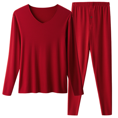 本命年红色磨毛绒无痕男保暖套装