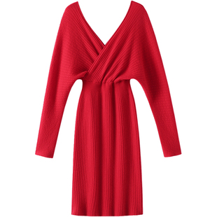 美醉!穿出礼服感 红色双V领羊绒衫女长款100%纯山羊绒毛衣连衣裙