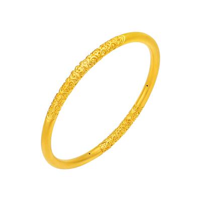 周大生黄金手镯女足金硬金卷草纹镯子素圈拉花镯送女朋友生日礼物
