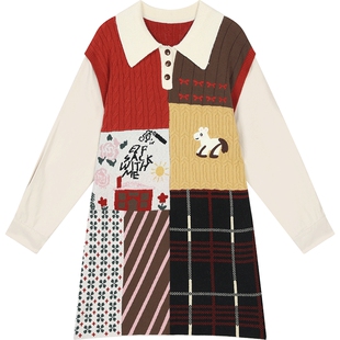 妖精的口袋鬼马趣味拼接连衣裙女2026年冬季新款新年战袍针织裙子