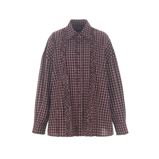 wana try纯棉木耳花边廓形版衬衫2025早秋新品红格纹气质休闲上衣