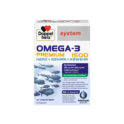 欧洲直邮德国药房Doppelherz双心Omega3胶囊60粒深海鱼油护心脑