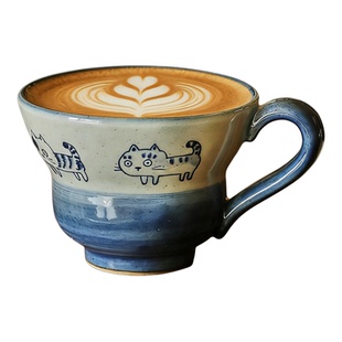 景德镇釉下彩可爱猫咪陶瓷水杯复古小众咖啡杯中古风高颜值拉花杯