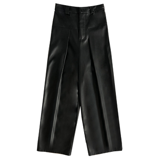 CIZZLEMORE pu皮裤女秋冬高腰显瘦小众烟管裤黑色拼接休闲阔腿裤