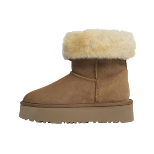 潼潼TONG翻边羊皮毛一体厚薄底中筒雪地靴女2025冬季新款保暖棉鞋