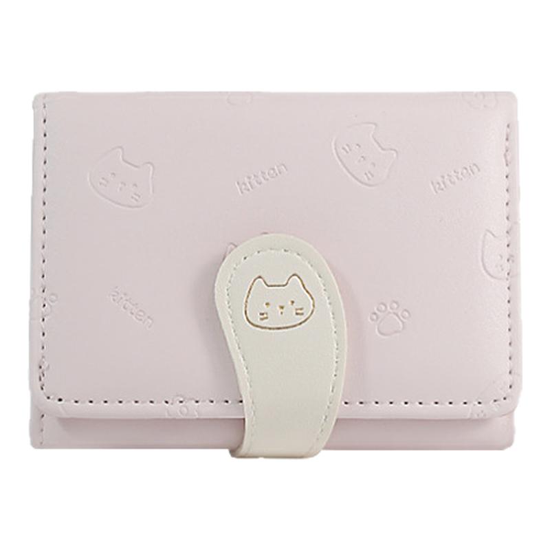 钱包女款轻薄小巧猫咪尾巴可爱女士卡包卡通印花PU短款三折零钱包