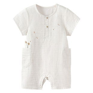 babylove婴儿连体衣夏季薄款刺绣短袖哈衣爬服宝宝棉麻休闲外出服