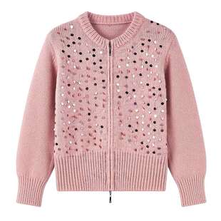 秋水伊人甜美风圆领上衣2025年冬季新款女休闲星点亮片拉链针织衫