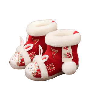 小码钱兔汉服鞋女童宝宝中式国风雪地靴一周岁儿童布鞋手工棉鞋冬