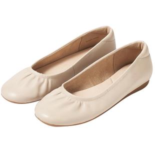 宝舒曼圆头皮鞋女款2026新款单鞋冬真皮平底鞋浅口牛皮芭蕾舞女鞋