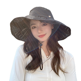OVANCY显脸小日本UV黑胶防晒帽女夏防紫外线遮脸渔夫帽大沿遮阳帽