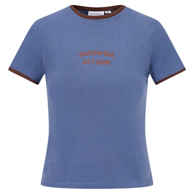 MOUSSY 夏季新品简约修身撞色印花正肩短袖T恤028ISZ90-0611