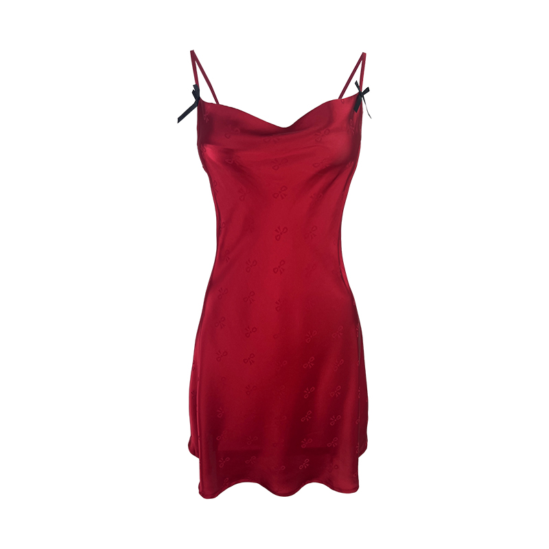 今夕何夕性感睡衣女红色结婚本命年蝴蝶结吊带设计睡裙睡袍两件套