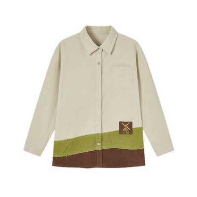 飞鸟和新酒拼接灯芯绒衬衫式外套女2025秋季新款纯棉复古宽松上衣