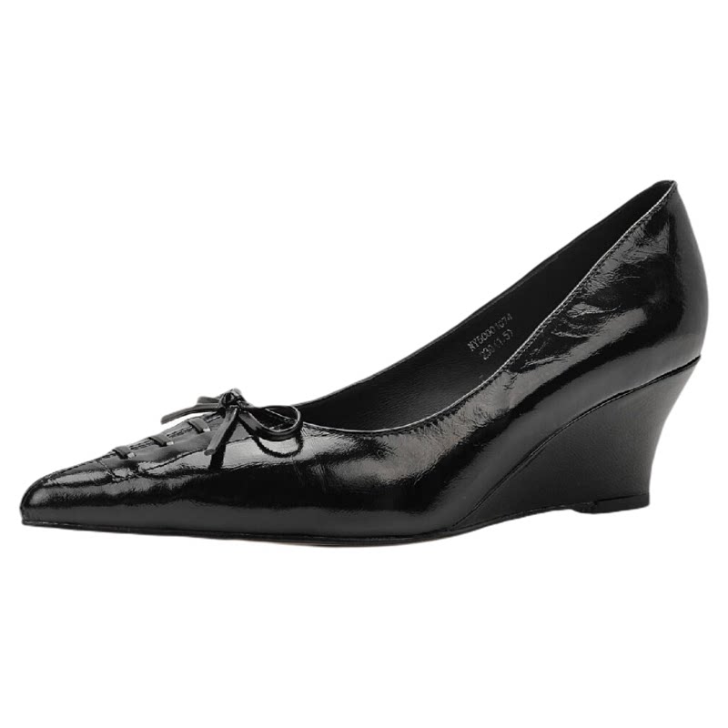 奥莱专供Nine West/玖熙法式尖头蝴蝶结单鞋女漆皮坡跟浅口高跟鞋