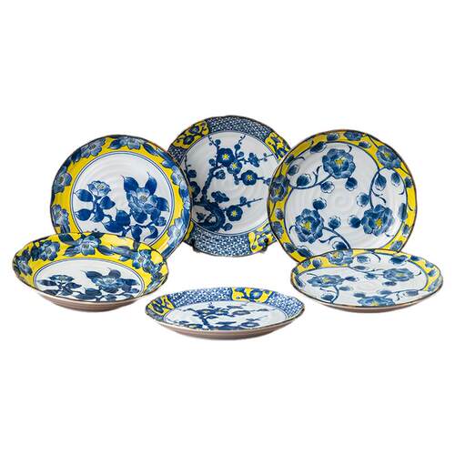 美浓烧日本进口黄彩山茶8.5英寸平盘陶瓷深盘家用高颜值餐具
