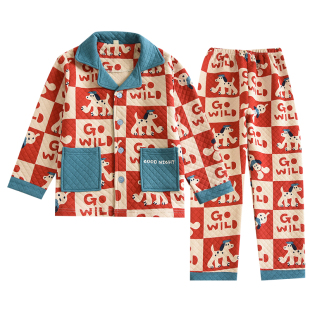 儿童秋冬全棉空气层三层保暖睡衣可爱小狗夹棉加厚纯棉男童家居服