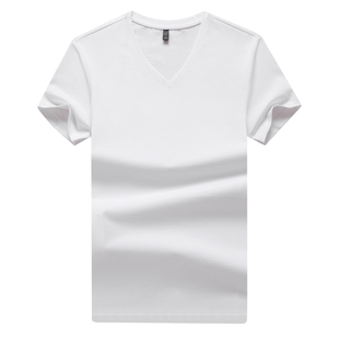 高品质夏季纯棉V领男生短袖t恤男装潮牌纯色冰丝半袖新款上衣打底