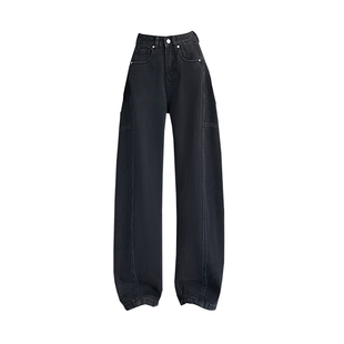 酷飒高街风弯刀牛仔裤女2025冬季爆款黑灰色宽松显瘦阔腿加绒裤子