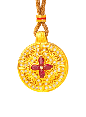 镀金玫红镶钻四叶花吊坠精致项链