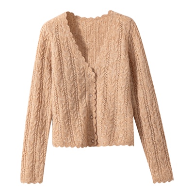 复古花边V领镂空钩花针织开衫女