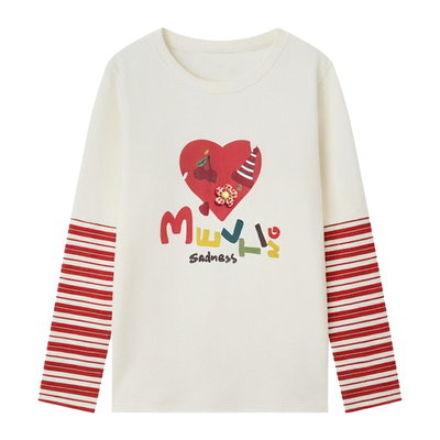 采多宝大码女装假两件条纹拼色印花T恤胖妹妹圆领减龄休闲上衣