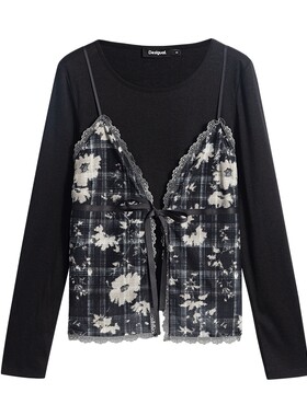 Desigual26秋冬新品弹力修身花卉印花蕾丝拼接吊带两件套女式T恤