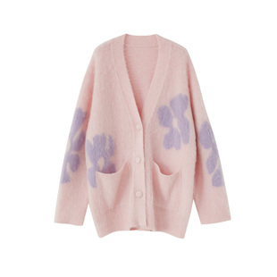 【到手399元】慵懒风苏力羊驼毛花朵提花针织开衫宽松外搭毛衣女