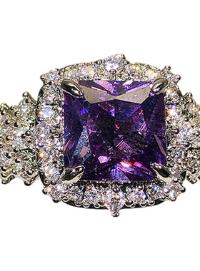 彩色宝石戒指女ins 轻奢感超闪奢华镶嵌紫色宝石璀璨满钻百搭