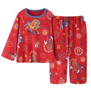母女亲子装纯棉喜庆睡衣2026春秋薄款全棉大红色本命年儿童家居服