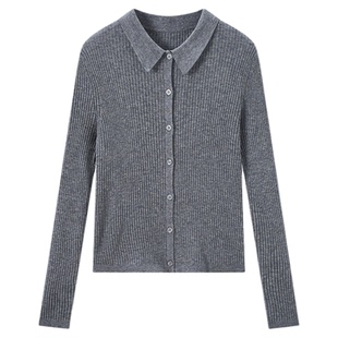 马恩MAXNEW2025女装秋新款修身长袖上衣翻领薄款羊毛针织开衫外套