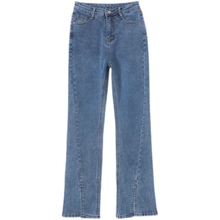 秋季小个子穿搭显高九分开衩牛仔裤女学生高腰显瘦分叉微喇叭裤子