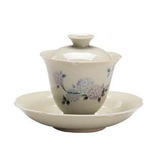 弥言绣球花手工盖碗单个草木灰喝茶碗带盖家用陶瓷功夫茶具泡茶器