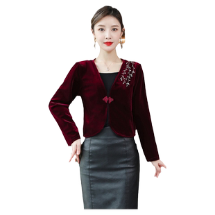 春季金丝绒长袖外搭女短款盘扣小外套时尚手工钉珠空调衫修身开衫