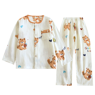 儿童春秋夏薄纯棉纱布泡泡棉纱全棉男童睡衣圆领防蚊服a类家居服