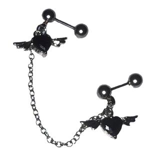暗黑玫瑰爱心翅膀耳骨钉 闪闪黑宝石链条锆石酷少女钛钢耳蜗耳钉