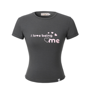 threetimes美式复古字母印花短袖T恤女2025新款修身显瘦小众上衣