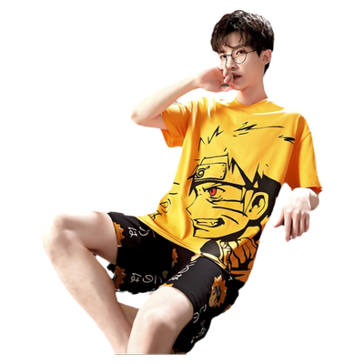 睡衣男夏季纯棉短袖卡通大码套装