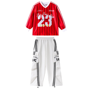 红色演出服儿童街舞kpop女团现代舞女孩上衣白色工装裤套装潮男童