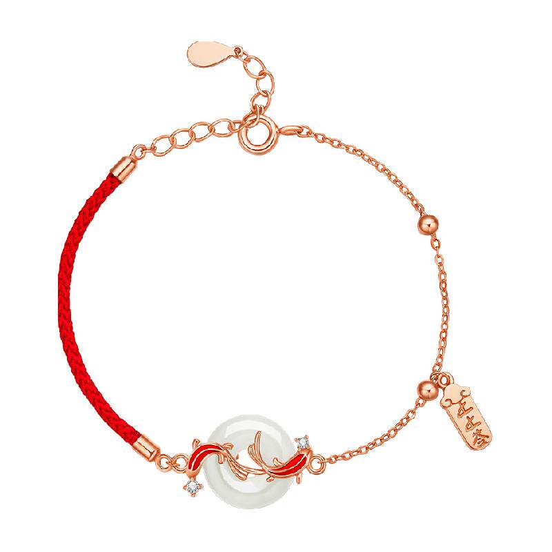 中国黄金珍尚银锦鲤红手绳平安扣纯银手链女款生日礼物送女友S925