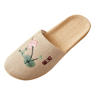新款中式国风绣花亚麻凉拖鞋女夏防滑室内情侣包头居家鞋凉爽吸汗