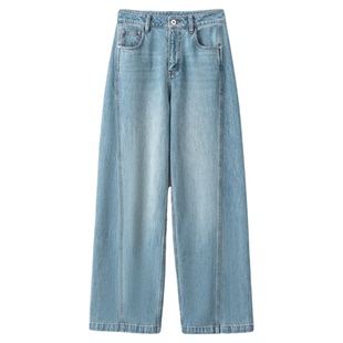 FANLE STUDIOS春夏时髦解构分割切线柔软宽松直筒阔腿弧形牛仔裤