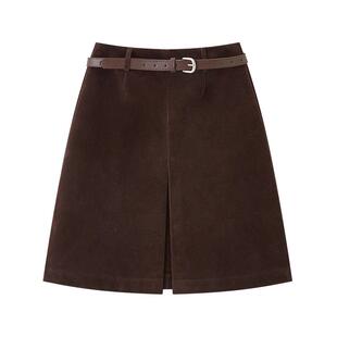 三福咖色半身裙女2026新款春季气质麂皮A字中长款裙子女装514674