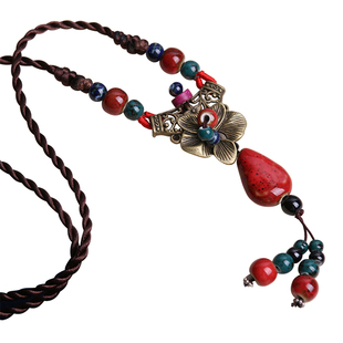 民族风流苏毛衣链长款挂件 复古陶瓷项链百搭红色吊坠挂饰配饰女