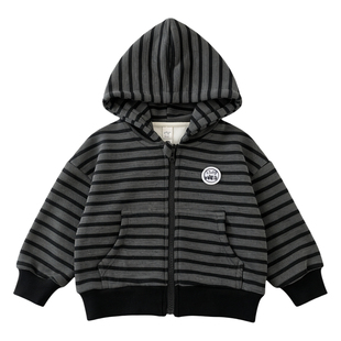 男童加绒外套薄绒早春2026新款秋冬连帽儿童宝宝条纹拉链卫衣开衫