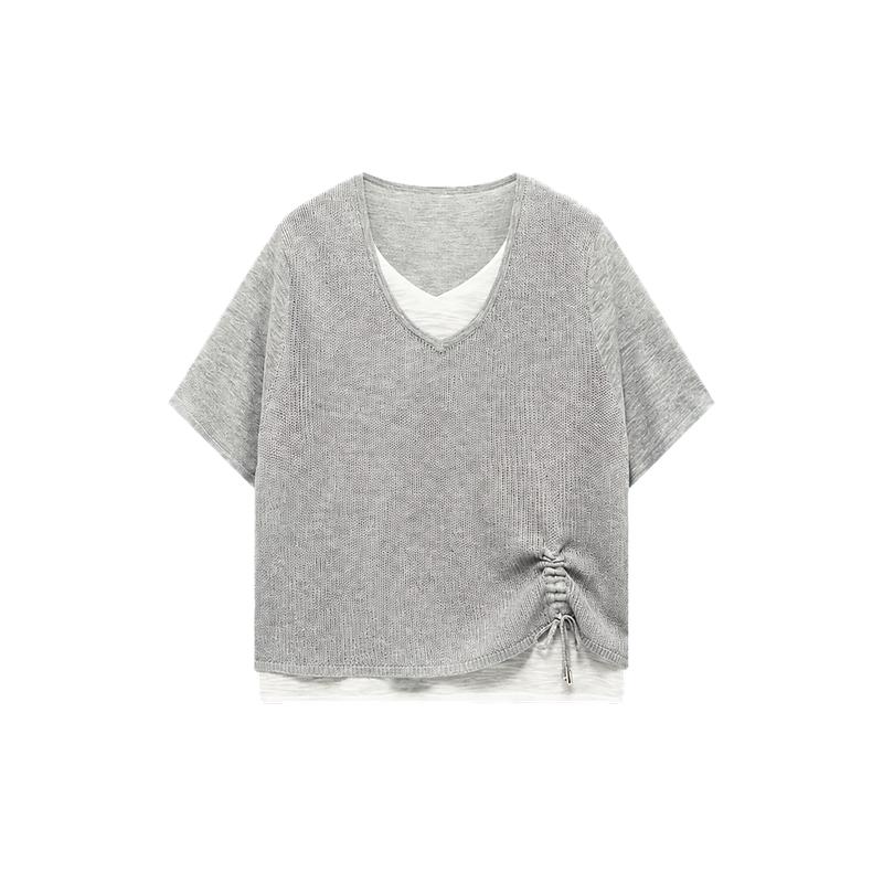 Basic House/百家好V领假两件冰丝透气纯色短袖针织衫女夏季新款