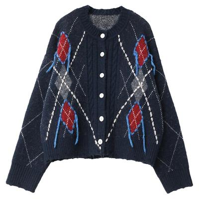 CV大码女装 秋季新款设计感羊毛毛衣外套彩色菱形格针织开衫胖MM