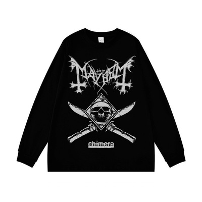 Mayhem残害乐队美式摇滚风骷髅印花长袖T恤男女宽松上衣青少年潮